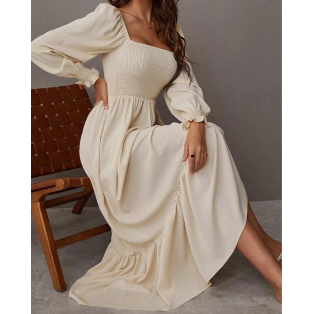 Boho cream shirted ruffle hem flounce sleeve maxi dress